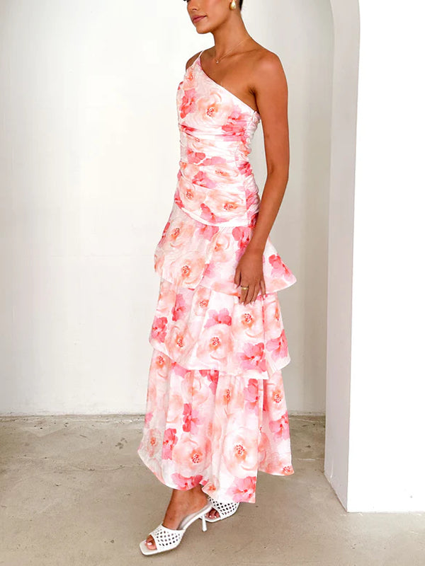 One Shoulder Pleated Spaghetti Strap Printed Dress