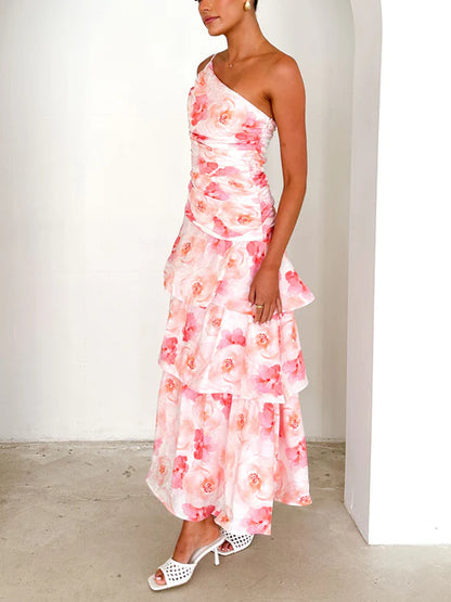 One Shoulder Pleated Spaghetti Strap Printed Dress