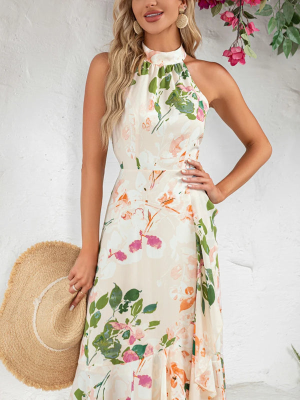 Ruffle Floral Print Halter High Neck A-line Chiffon Satin Asymmetrical Midi Dress