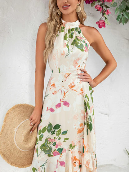 Ruffle Floral Print Halter High Neck A-line Chiffon Satin Asymmetrical Midi Dress