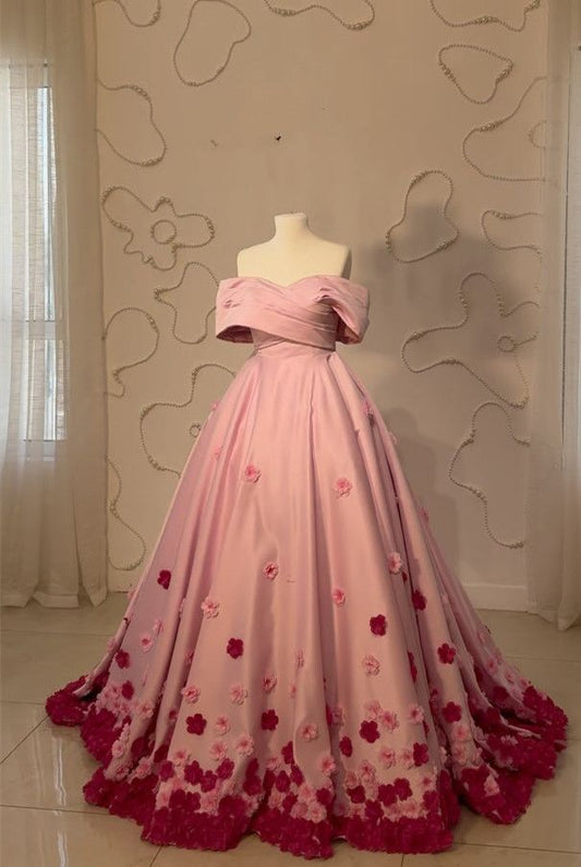 Pink Gorgeous Exquisite Floral Appliques Long Floor Length Satin Ball Gown Evening Dress gh3380