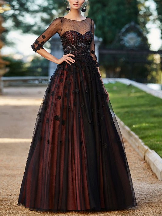 Round Neck Mesh Solid Color Maxi Dress