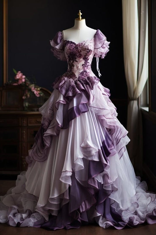 Elegant A Line Lace Ruffle Appliques Purple Tulle Long Prom Dress Evening Dress SH2433