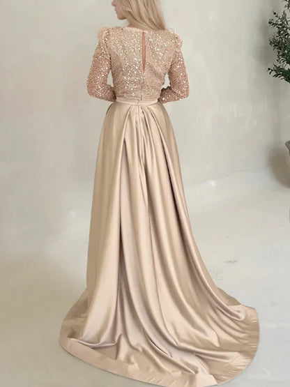 Square Collar Sequin Solid Color Maxi Dress