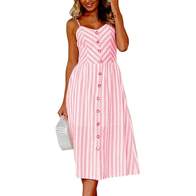 loveedsTM- Boho Sexy Floral Dress Summer Vintage Casual Sundress Female Beach Dress Midi Button Backless Polka Dot Striped Women Dress