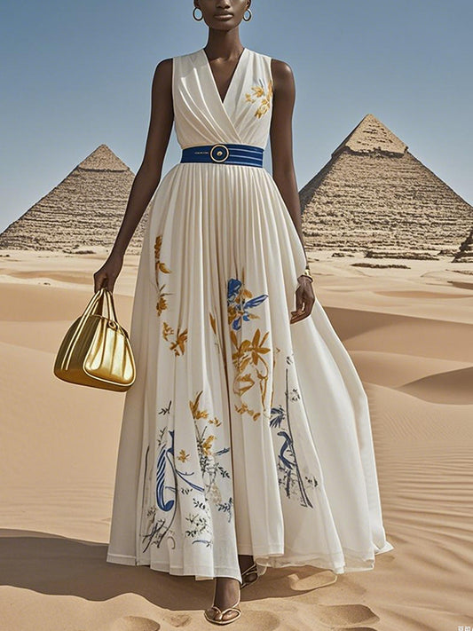 White V-neck Printed Sleeveless Maxi Dress