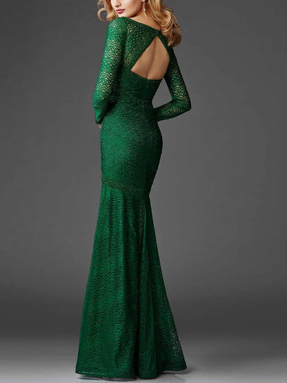 V-neck Long Sleeve Lace Solid Color Maxi Dress