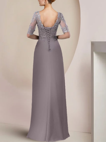Crewneck Floor-Length Chiffon Lace Maxi Dress