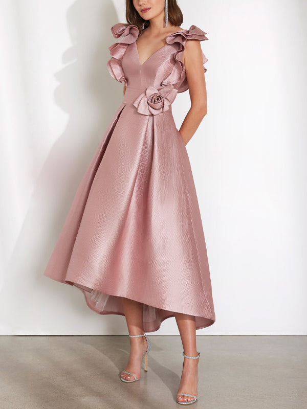 V-Neck Three-Dimensional Flowers Midi Dress