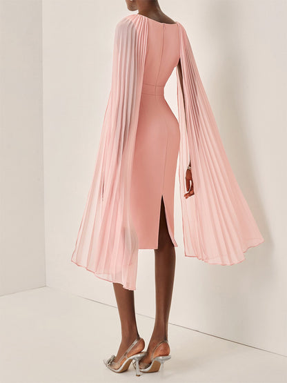 Light Pink Pleated Classic V Neck Sleeveless Sheath Midi Dress