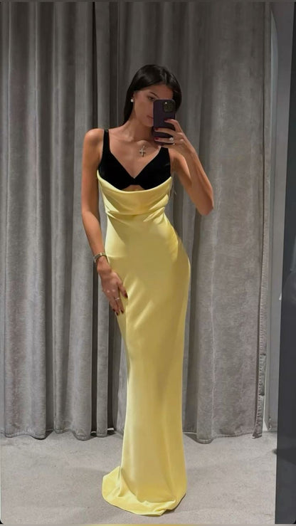 Unique Sheath Straps Yellow Black Satin Long Prom Dress Evening Dress SH3828