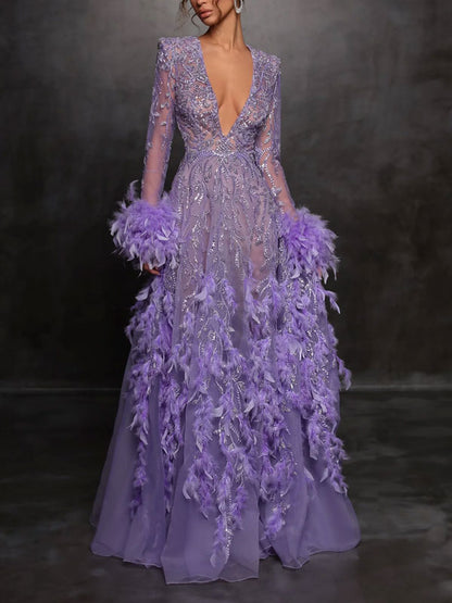 Deep V Elegant Feather Beads Women's Dress