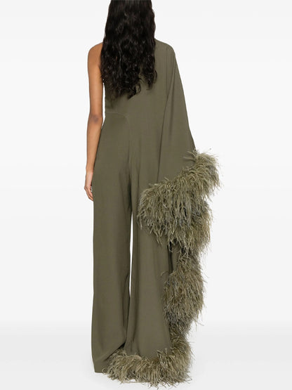 One-shoulder Solid Color Feather Jumpsuit