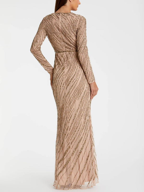 Round Neck Long Sleeves Sequined Mesh Maxi Dress