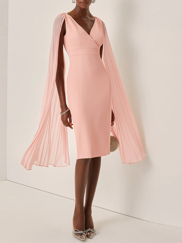 Light Pink Pleated Classic V Neck Sleeveless Sheath Midi Dress
