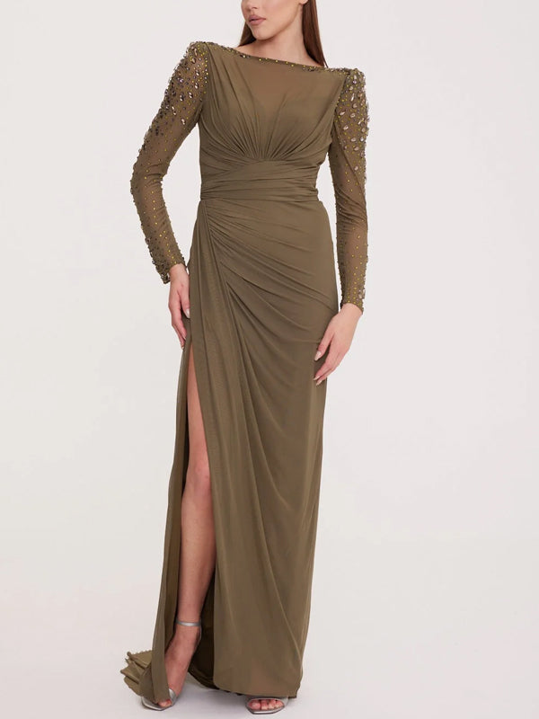 Round Neck Solid Color Sequined Chiffon Maxi Dress