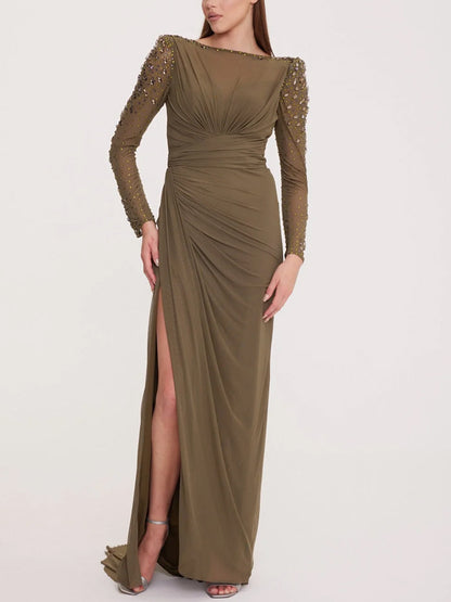 Round Neck Solid Color Sequined Chiffon Maxi Dress