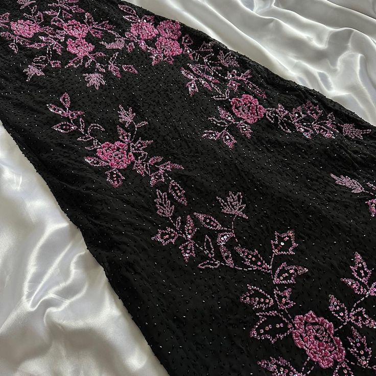 Black Retro Elegant Pink Beaded Chiffon Prom Dress Evening Dress Birthday Party Dress SH3595