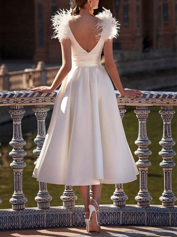 V-neck Solid Color Feather Midi Dress