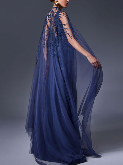 Two Piece Embroidered Cape & Open Slit Draped Dress
