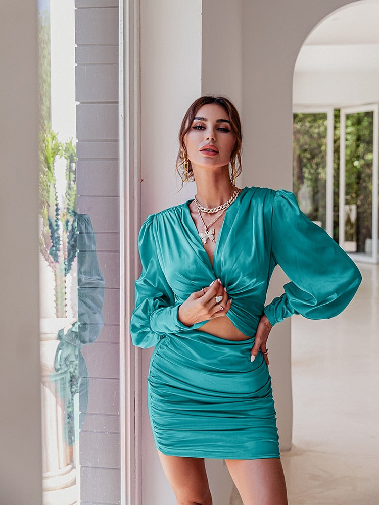 loveedsTM- Sexy deep v neck bodycon dress Party club hollow out mini dress Elegant winter autumn chic lantern sleeve satin dress