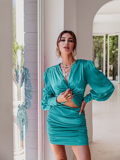 loveedsTM- Sexy deep v neck bodycon dress Party club hollow out mini dress Elegant winter autumn chic lantern sleeve satin dress