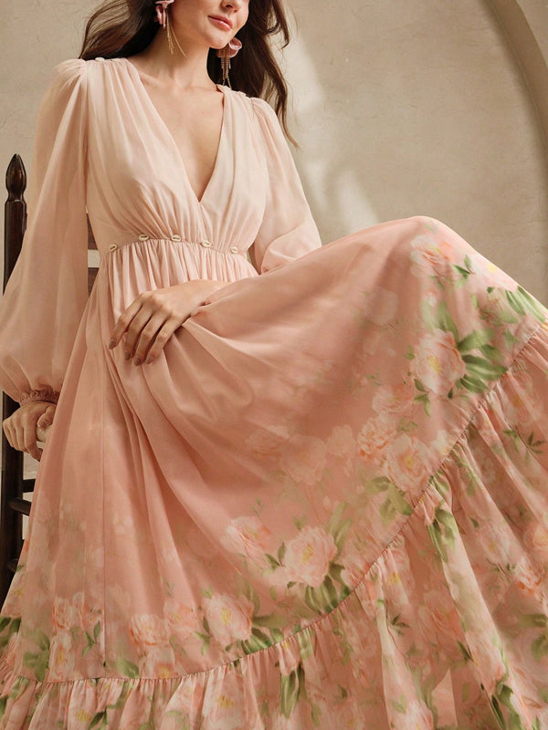 V Neck Chiffon Print Holiday Dress