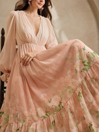 V Neck Chiffon Print Holiday Dress