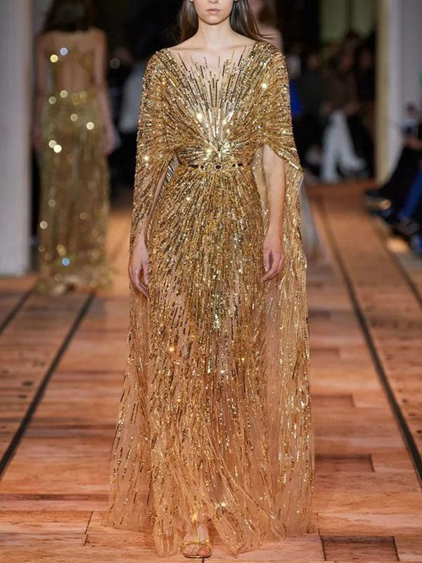 Sequined Mesh Cape Show Women's Gown