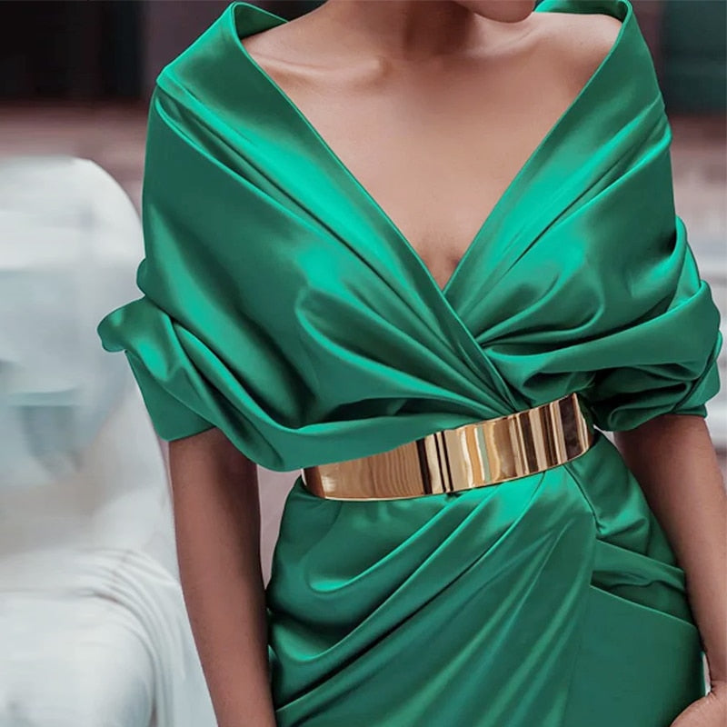 loveedsTM- Women Dress Fashion Solid Sexy V-Neck Short  Batwing Sleeve Nipped Waist Slit Pleated Evening Party Dresses No Belt