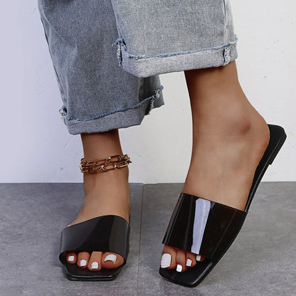 Transparent Square Toe Flat Casual Slippers