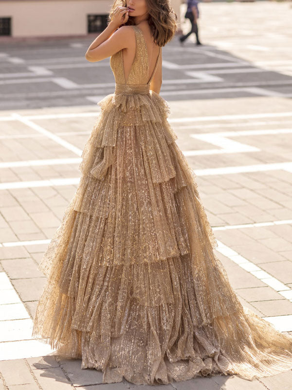 Sequin Sleeveless Printed Tulle Gown