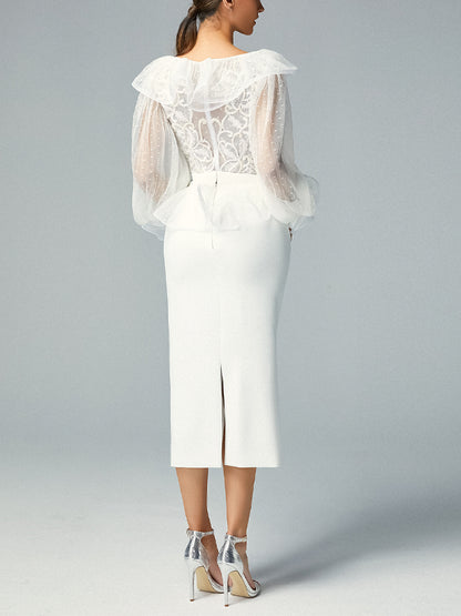 V-Neck Long-Sleeved Solid Color Top And Skirt Suit