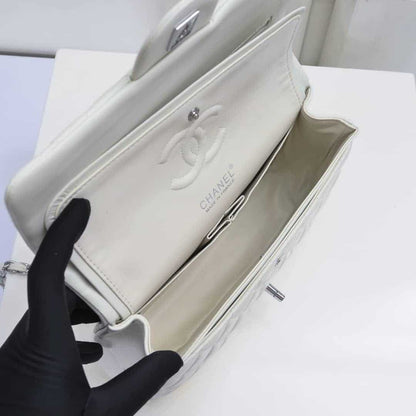 CHANEL CLASSIC DOUBLE FLAP BAG WHITE SILVER HARDWARE 25CM
