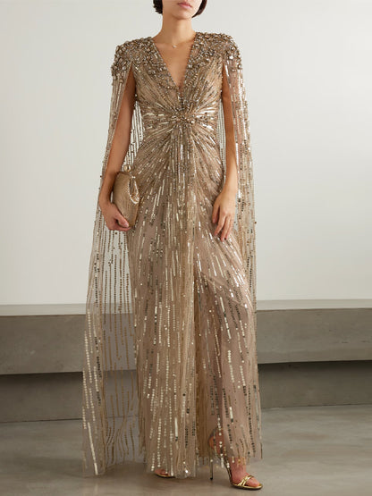 V-Neck Sequin Solid Color Maxi Dress