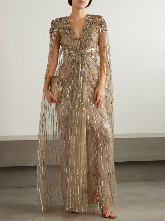 V-Neck Sequin Solid Color Maxi Dress