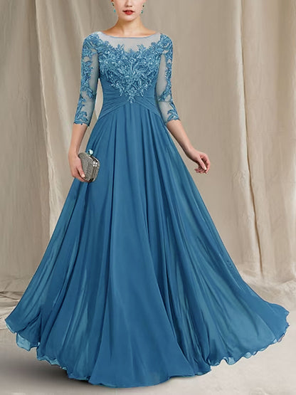 Chiffon Lace 3/4 Sleeve Maxi Dress