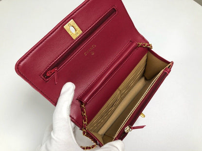 WALLET ON CHAIN Grained Shiny Calfskin & Gold-Tone Metal Dark Burgundy