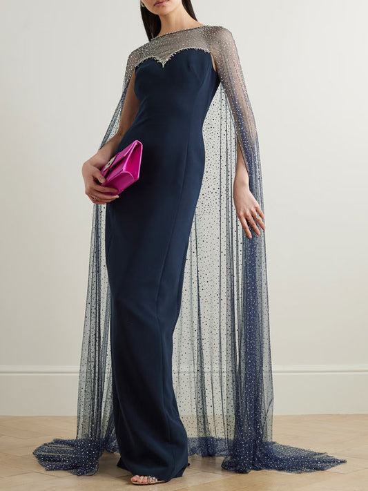 Cordelia Cape-effect Crystal-embellished Tulle and Stretch-crepe Gown