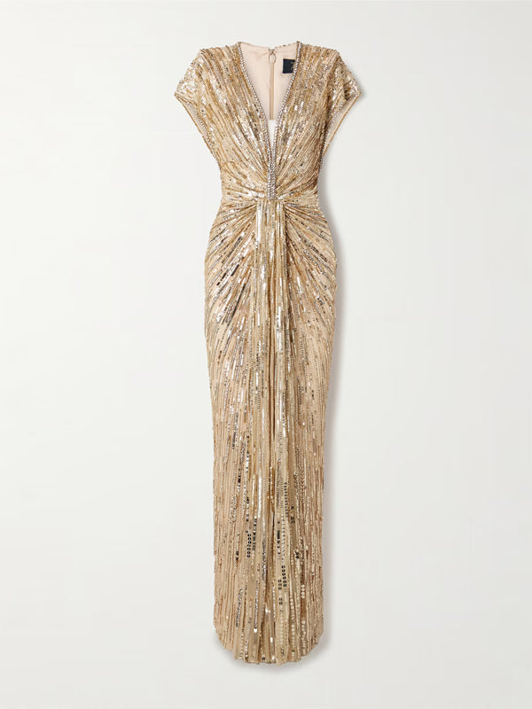 V-neck Sequin Solid Color Maxi Dress