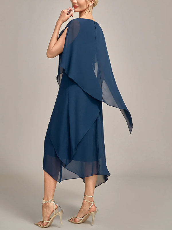 Round Neck Chiffon Solid Color Midi Dress