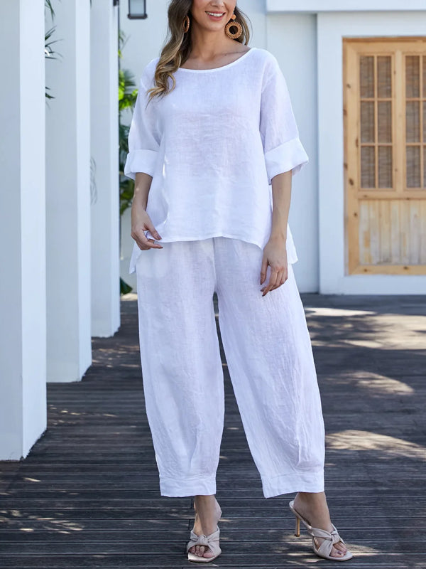 Round Neck Casual Cotton and Linen Women's Suit