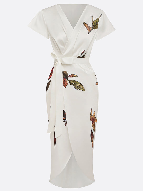 White Printing Satin V Neck Cap Sleeve Sheath Midi Dress