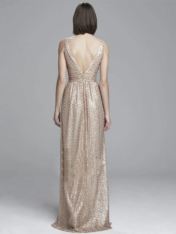 V-neck Solid Color Sequins Maxi Dress