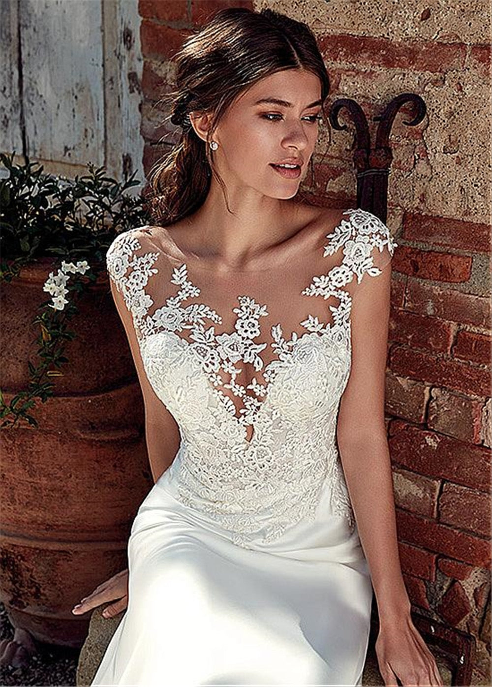 loveedsTM- The Sales Rack-Modest Soft Satin Bateau Neckline Mermaid Bridal Dress With Lace Appliques And Sheer Illusion Back