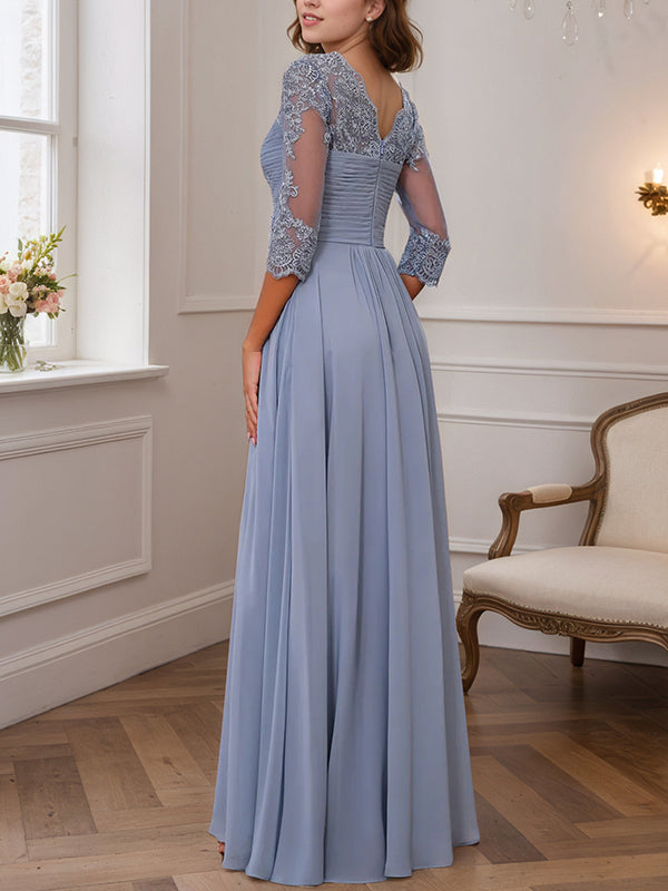 A-Line/Princess Sweetheart Neck 3/4 Length Sleeves Floor-Length Mother Of The Bride Dresses With Lace, Ruffles & Appliques
