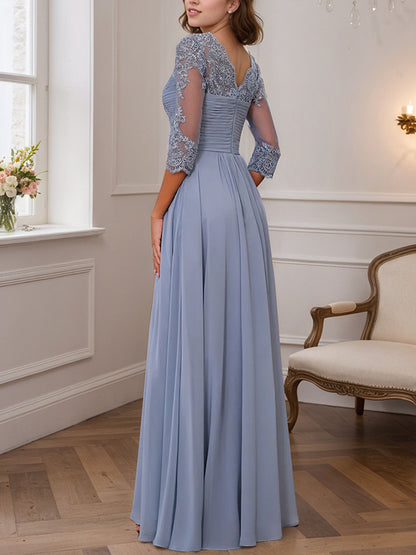 A-Line/Princess Sweetheart Neck 3/4 Length Sleeves Floor-Length Mother Of The Bride Dresses With Lace, Ruffles & Appliques