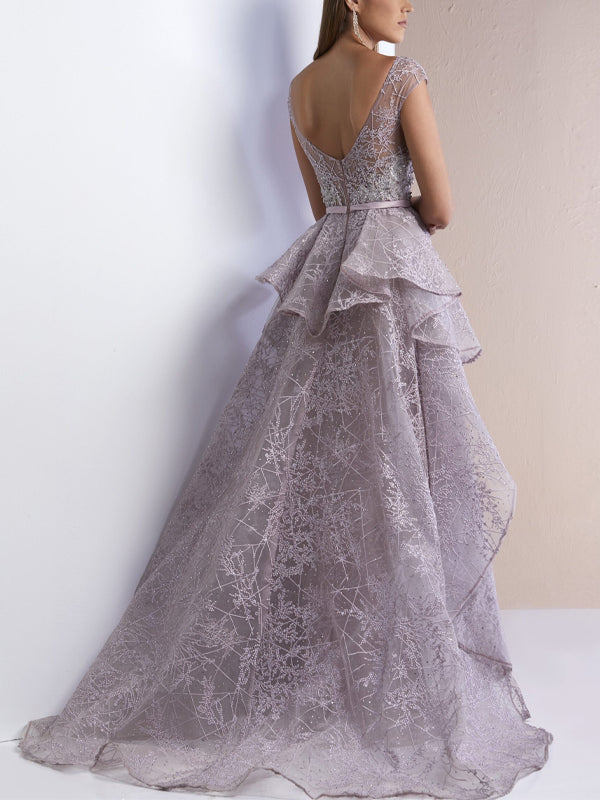 Round Neck Lace Solid Color Maxi Dress