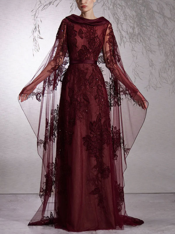 Fully Beaded Boat Neck Cape Dress