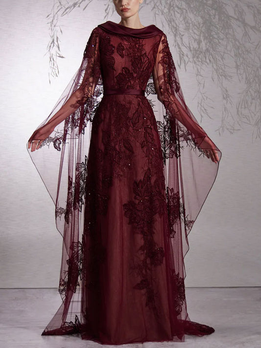 Fully Beaded Boat Neck Cape Dress